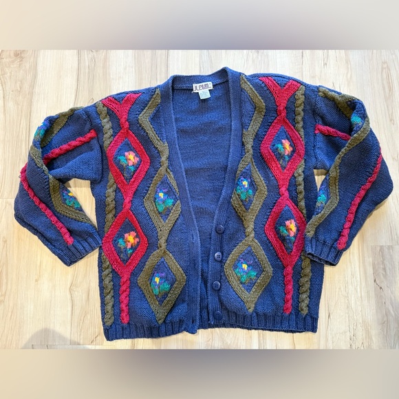 jl plum Sweaters - Vintage 1980s JL Plum Women's Vibrant Knit Cardigan large